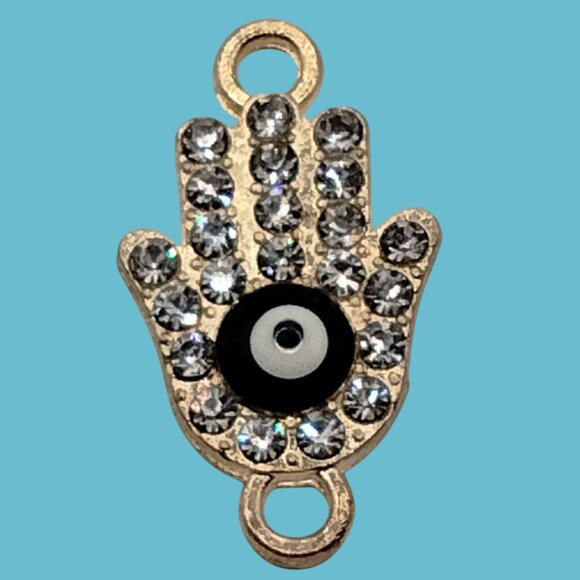 Hamsa Hand Evil Eye Charm Rhinestones Gold Tone - Picture 1 of 3